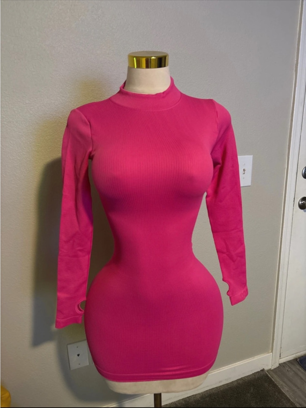 Ribbed Mock Neck Long Sleeve Bodycon Dress - Hot Pink